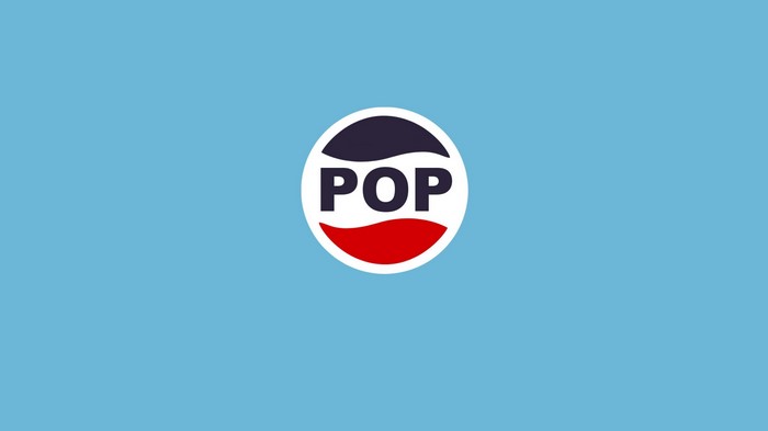 POP logo in Pepsi style on blue background
