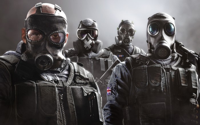 Four soldiers in gas masks from Rainbow Six Siege