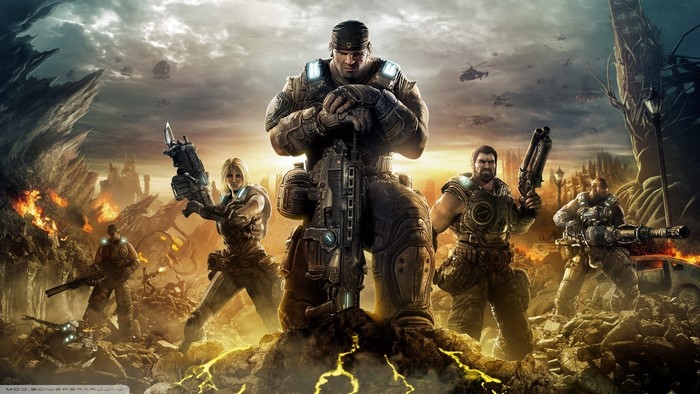 Gears of War 3 characters in a war-torn landscape