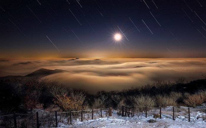 Winter landscape with moon and clouds in South Korea