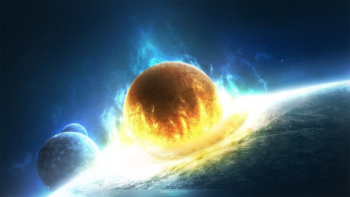 Cosmic collision of planets in space