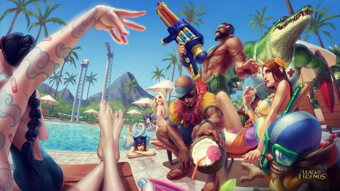 Pool Party League of Legends characters at a resort