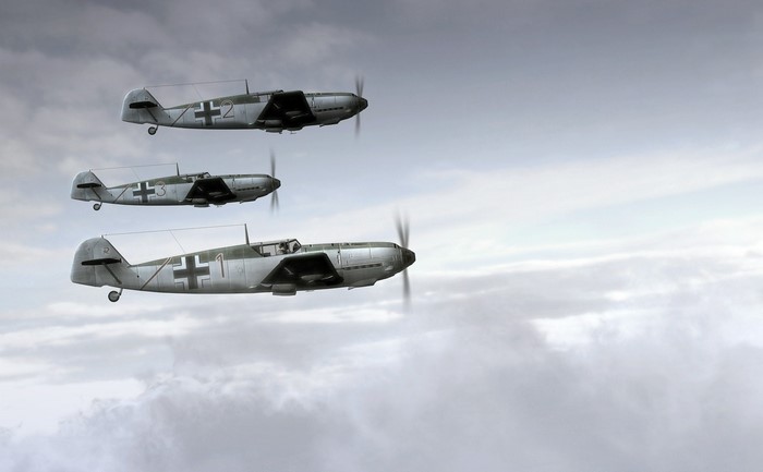 Three Messerschmitt Bf 109 aircraft in formation