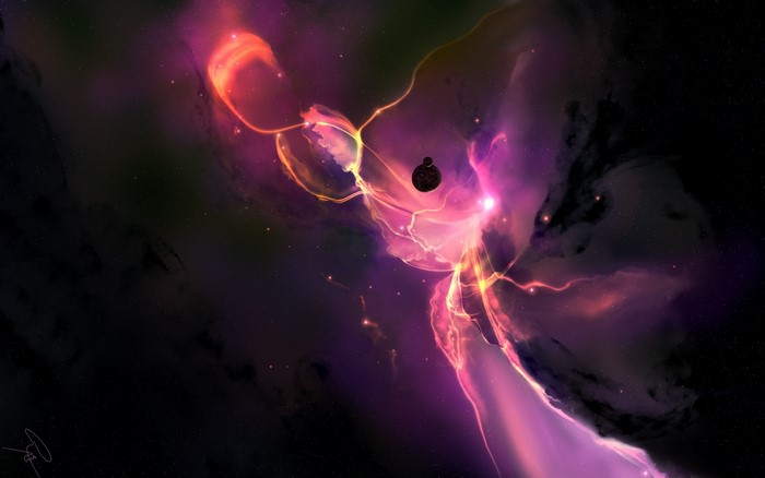 Space nebula with planet and stars