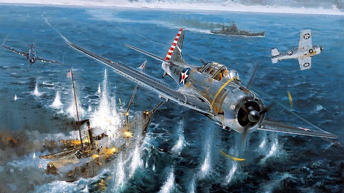 World War II Dauntless Dive Bombers Attack Japanese Ship