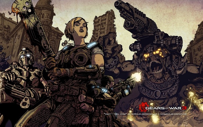 Gears of War 3 characters fighting a monster