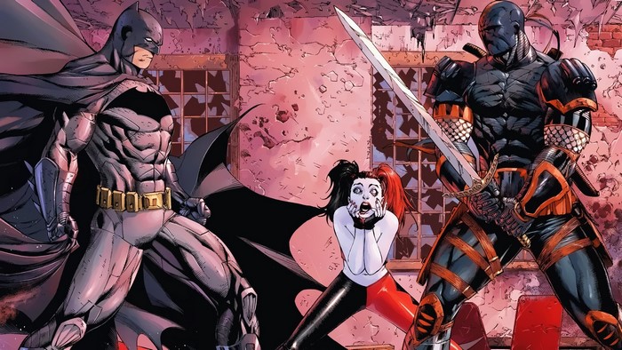 Batman, Deathstroke, and Harley Quinn in a ruined building