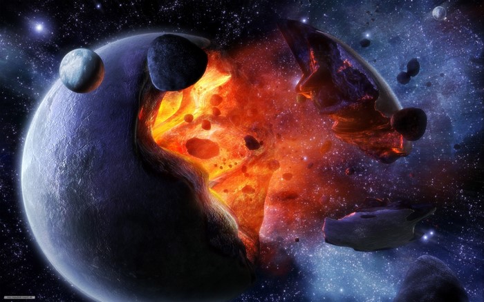 Exploding planet in outer space with debris