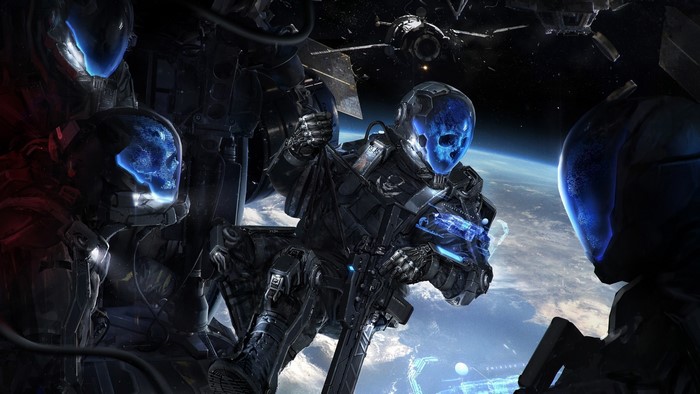 Cyborg soldiers in space with Earth in background