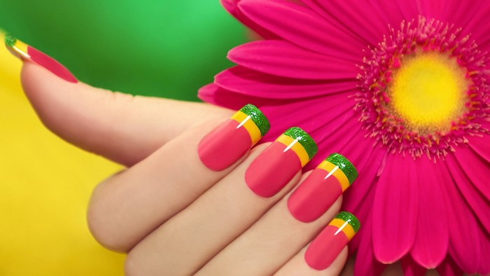 Bright Pink Nails with Green and Yellow Tips