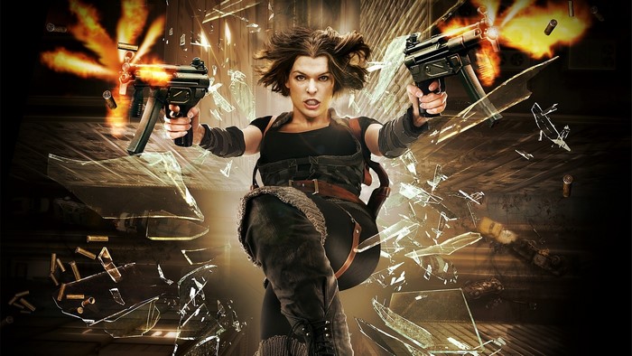 Alice from Resident Evil shooting guns