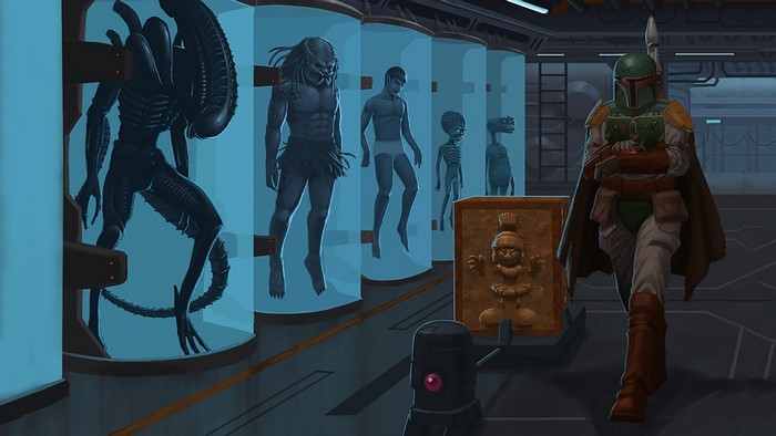 Boba Fett with Alien and Predator specimens