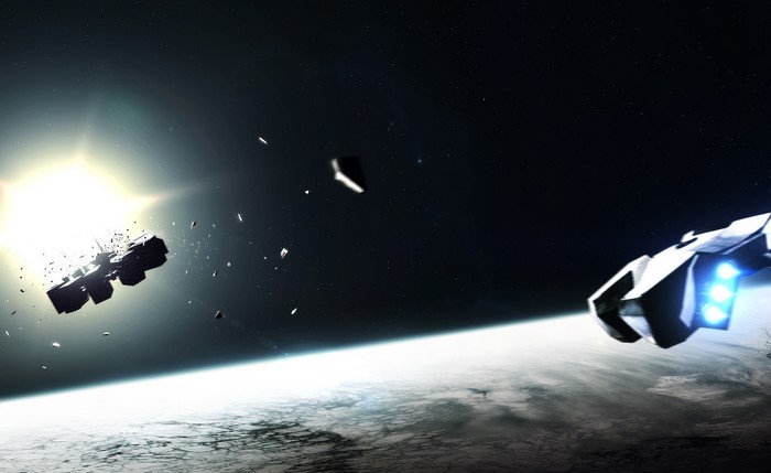 Spaceship wreckage near Earth with a bright sun