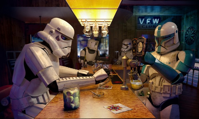 Stormtroopers and Clone Troopers at a VFW Club Bar