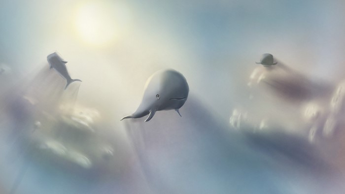 Whales and a hat flying in the sky