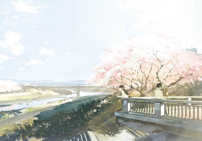 Anime couple by cherry blossom river bridge