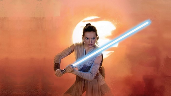 Rey from Star Wars with a blue lightsaber