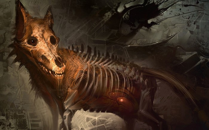 Creepy skeletal wolf creature with glowing eyes