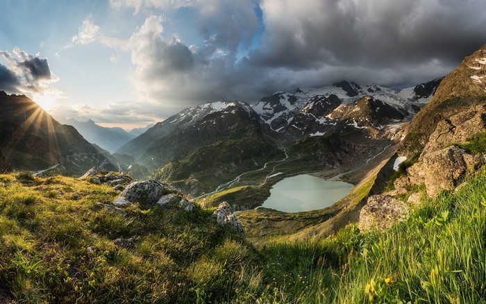 Sunset over a mountain lake in the Alps, Switzerland