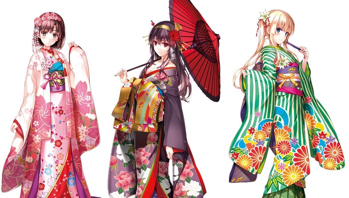 Three anime girls in kimonos
