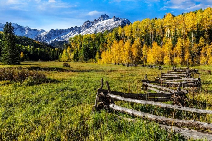 Autumn forest and snowy mountains with wooden fence