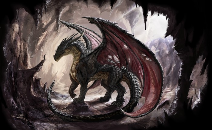 Dragon in a cave with a small figure