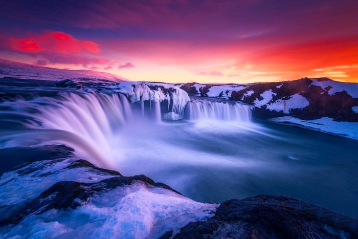 Waterfall in Iceland at Sunset