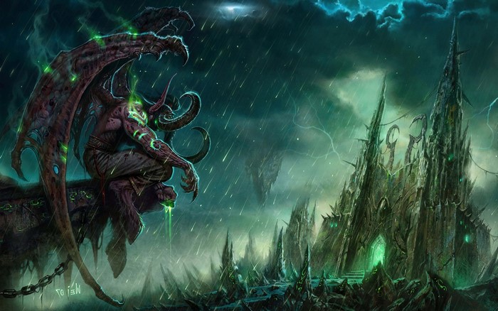 Illidan Stormrage from World of Warcraft in a stormy landscape