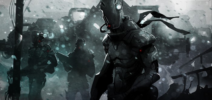 Robots in a desolate, snowy landscape