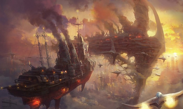Steampunk airship and city in the clouds