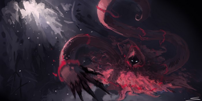 Fantasy art of a red-hooded figure with glowing eyes