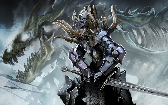 Knight in dark armor with dragon skeleton behind
