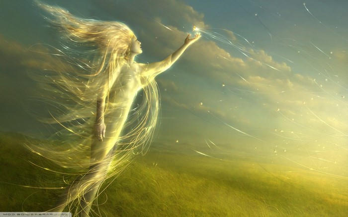 Fantasy art of a golden spirit in a field