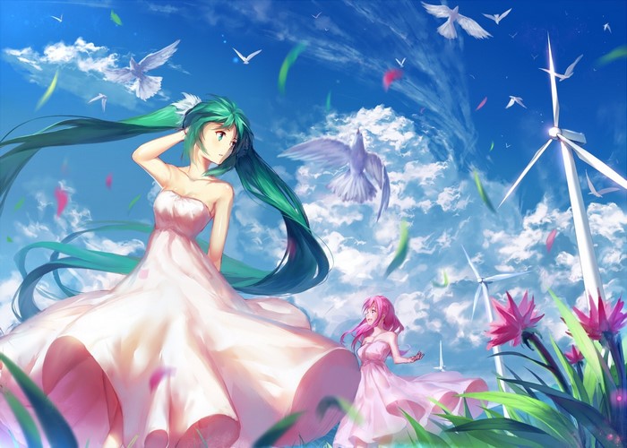 Hatsune Miku and Megurine Luka with wind turbines
