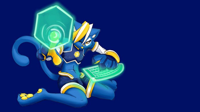 Blue anthro cat with futuristic interfaces