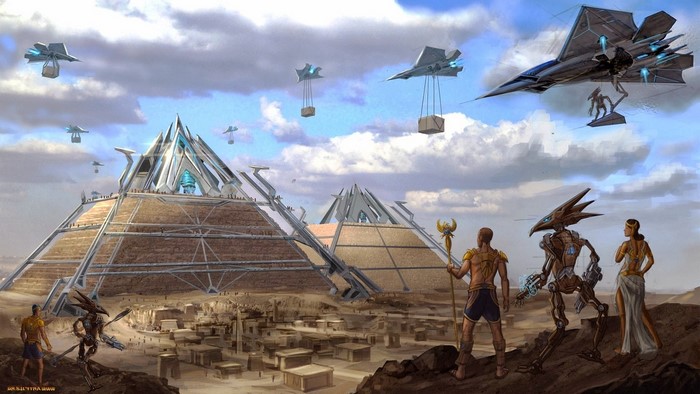 Futuristic Pyramids with Flying Drones and Sci-Fi Characters
