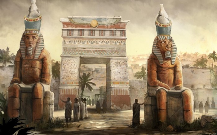 Ancient Egyptian statues and temple gate