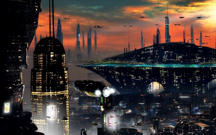 Futuristic cityscape with flying vehicles at sunset