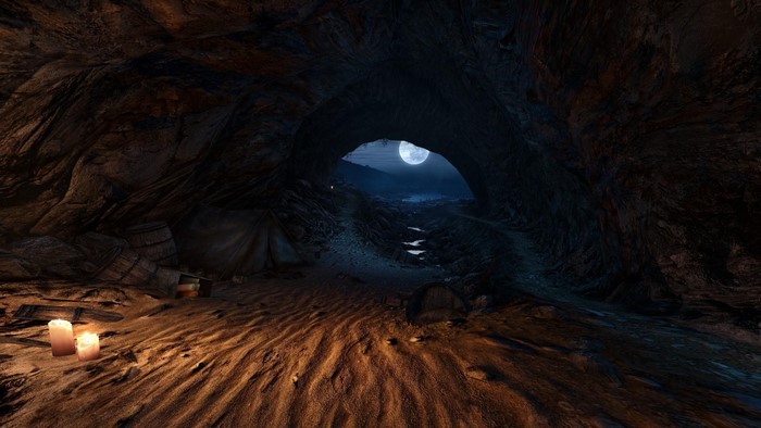 Fantasy cave entrance with moonlight and tents