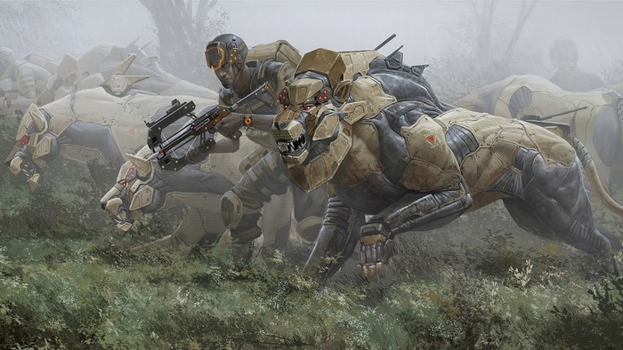 Science fiction concept art of robot animals and soldiers