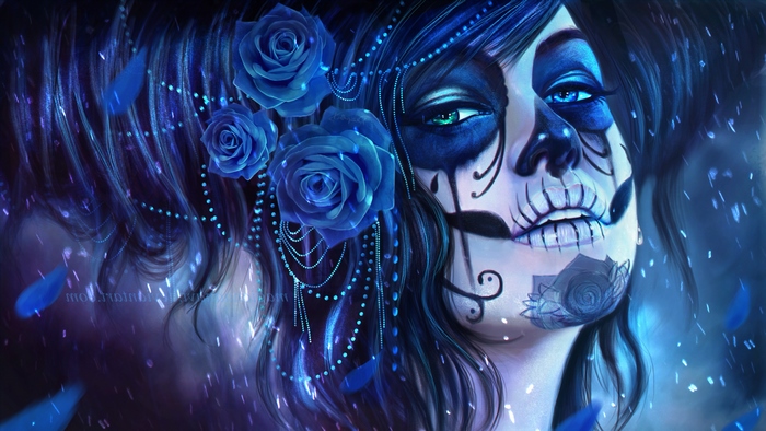 Sugar skull woman with blue roses