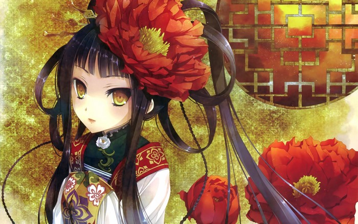 Anime girl with red flower in hair and kimono