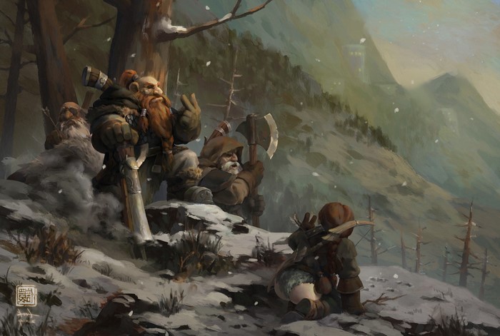 Dwarfs in Snowy Mountain Forest Fantasy Art