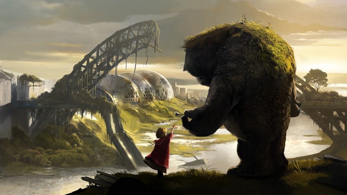 Girl and moss golem in post-apocalyptic fantasy landscape