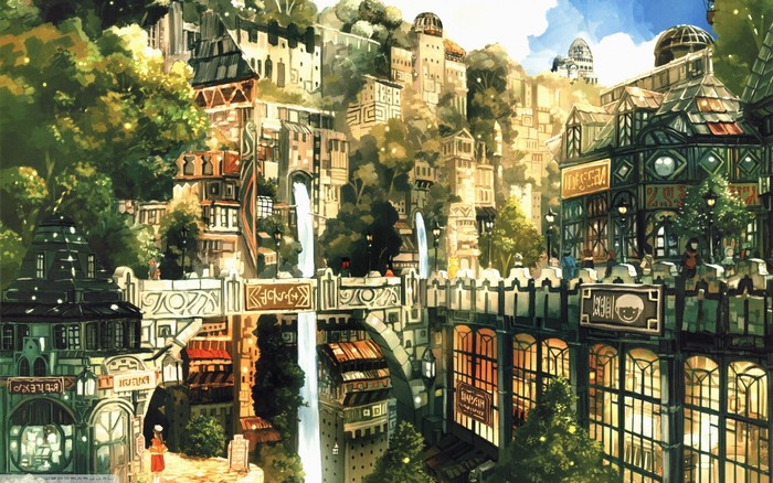 Fantasy city with waterfalls and shops