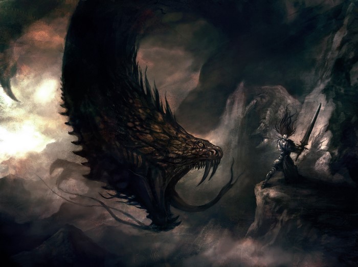 Dragon fighting a knight in a dark fantasy landscape