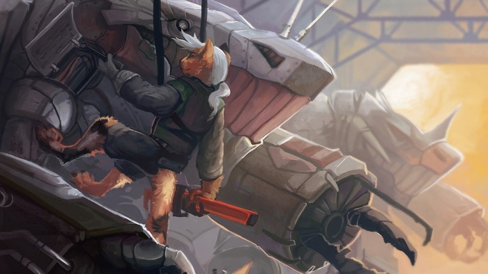 Furry anthro character working on a mech