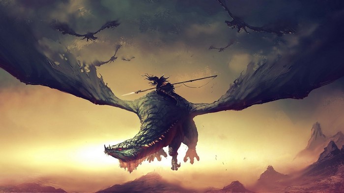 Dragon rider with spear and other dragons flying