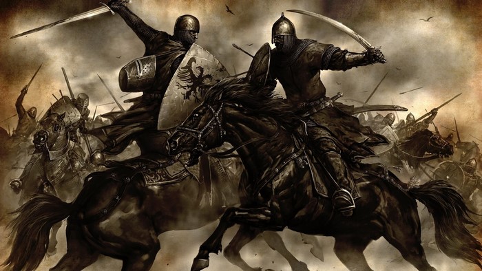 Knights on horseback in battle