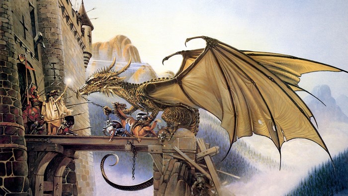 Dragon attacking a castle with knights and wizards